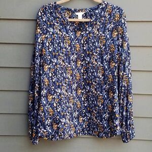 Caslon Navy Floral Long-Sleeve Peasant Blouse Shirt